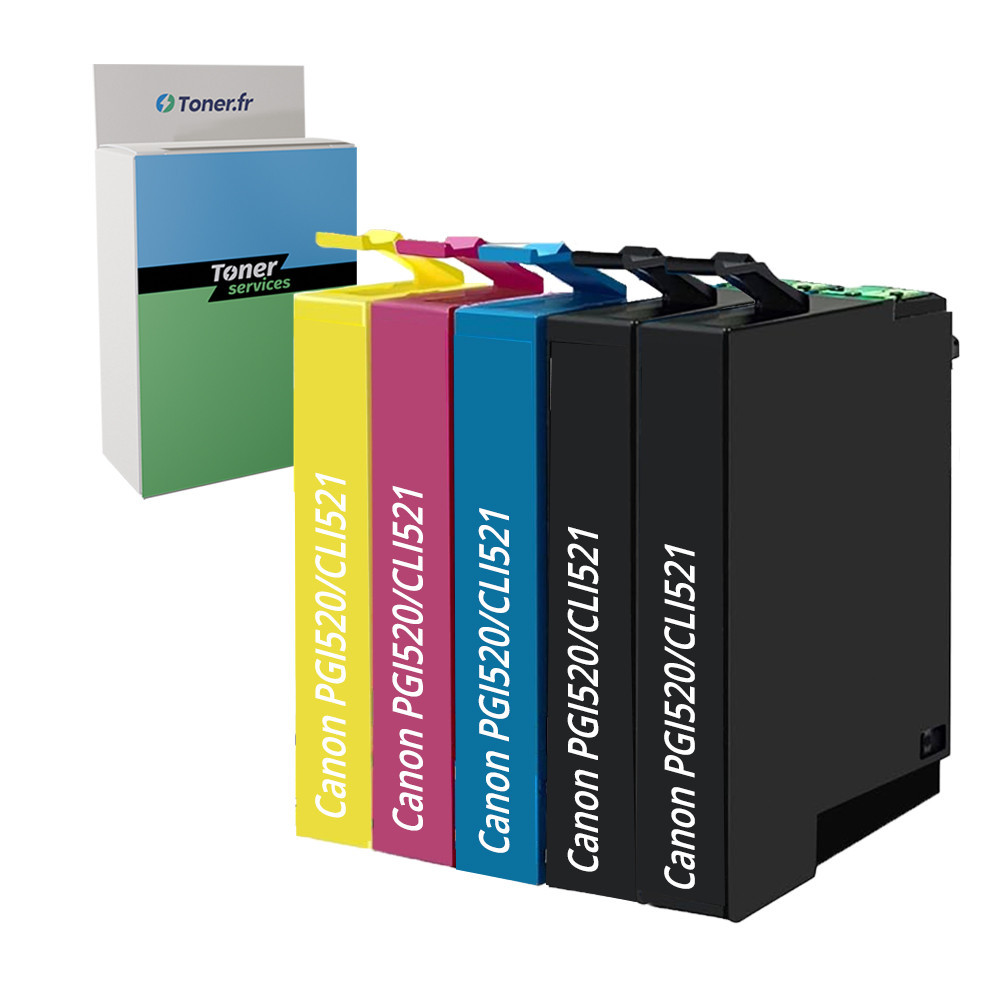 Pack de 5 cartouches d'encre compatibles Canon PGI520/CLI521 Noir et couleurs