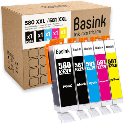 Pack de 5 cartouches d'encre Canon PGI580/CLI581XXL Noir et couleurs