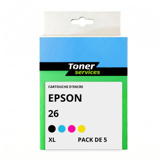 Pack de 5 cartouches d'encre compatibles Epson 26XL Noir et couleurs - Toner Services